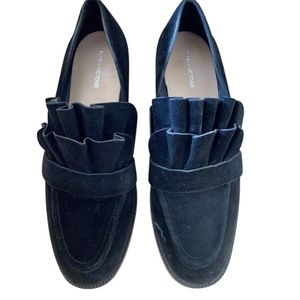 Pour La Victoire Black Suede Tenley Ruffle Loafers Size 7